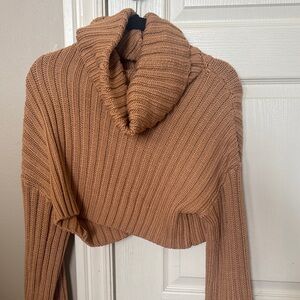 Victoria + Sophia  Cozy Cropped Tan Ribbed Turtleneck Sweater